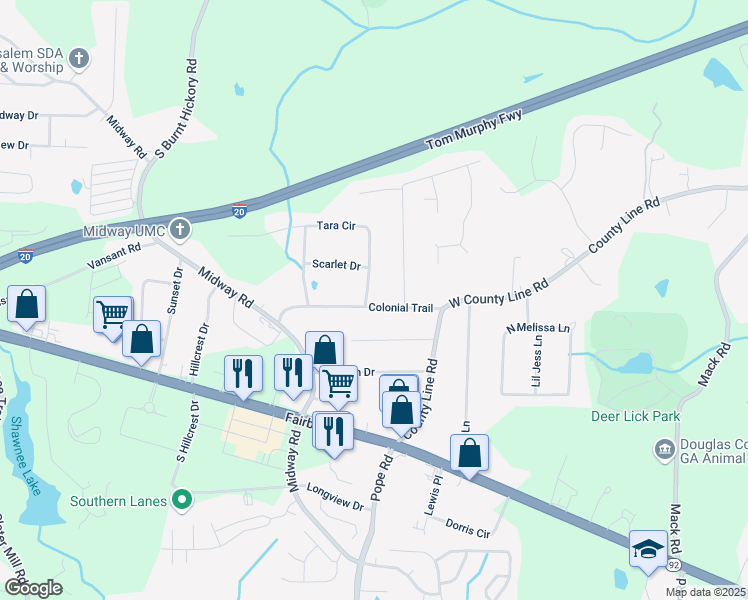 map of restaurants, bars, coffee shops, grocery stores, and more near 1992 Tara Circle in Douglasville