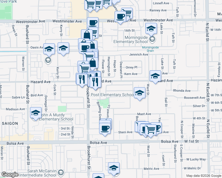 map of restaurants, bars, coffee shops, grocery stores, and more near 10222 Bellehurst Avenue in Westminster