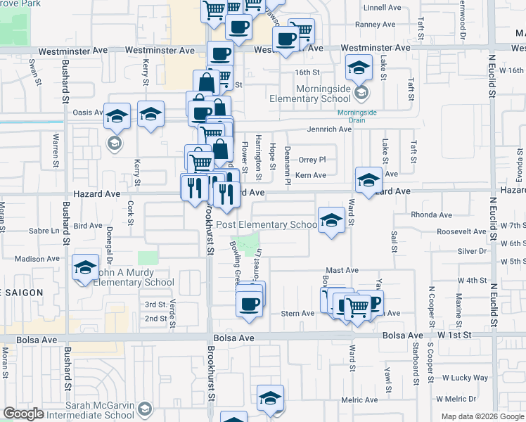 map of restaurants, bars, coffee shops, grocery stores, and more near 10191 Finchley Avenue in Westminster