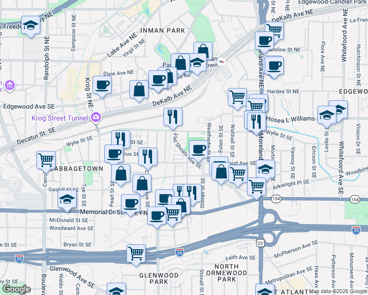 map of restaurants, bars, coffee shops, grocery stores, and more near 100 Flat Shoals Avenue Southeast in Atlanta