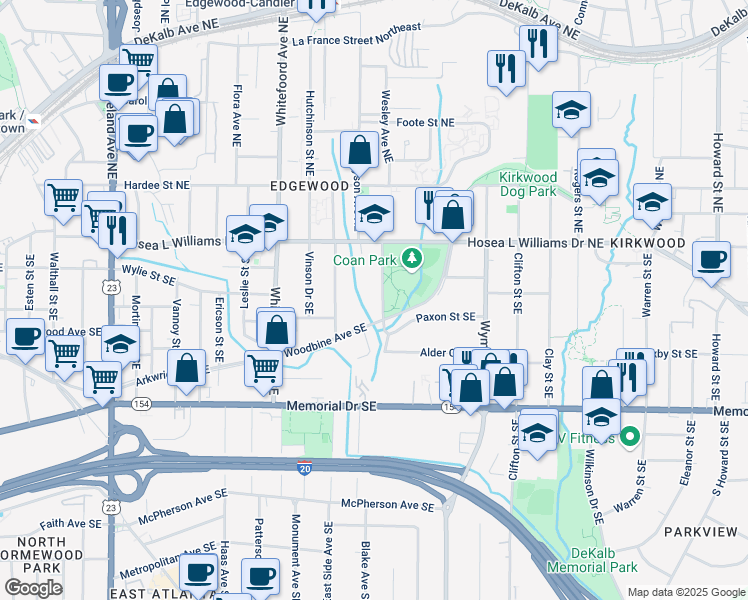 map of restaurants, bars, coffee shops, grocery stores, and more near 79 Anniston Avenue Southeast in Atlanta