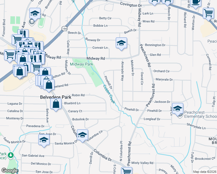 map of restaurants, bars, coffee shops, grocery stores, and more near 3219 Pinehill Drive in Decatur