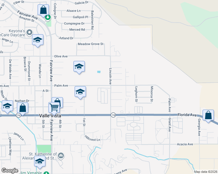 map of restaurants, bars, coffee shops, grocery stores, and more near 25521 North Lincoln Avenue in Hemet