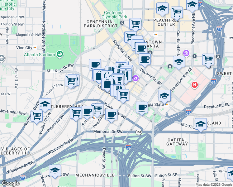 map of restaurants, bars, coffee shops, grocery stores, and more near 123 Peachtree Street in Atlanta