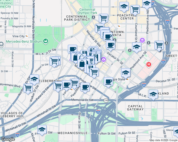 map of restaurants, bars, coffee shops, grocery stores, and more near 123 Peachtree Street in Atlanta