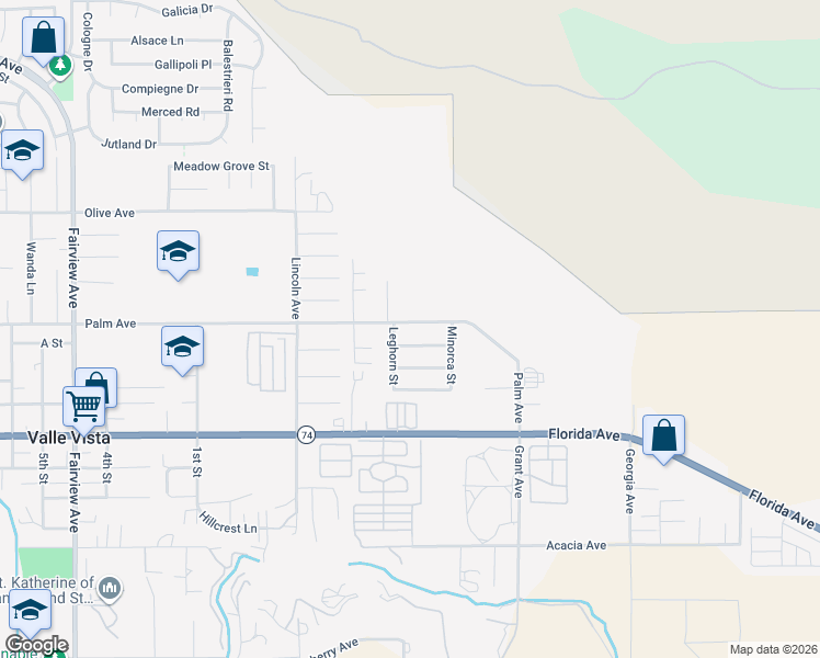 map of restaurants, bars, coffee shops, grocery stores, and more near 44755 Palm Avenue in Hemet