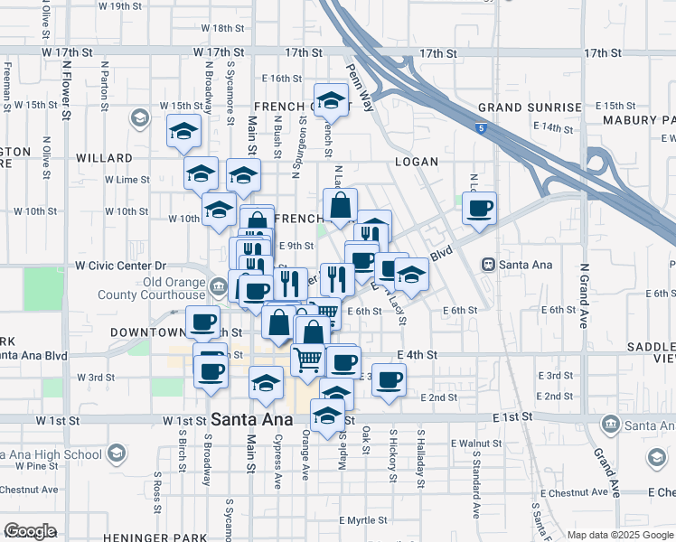 map of restaurants, bars, coffee shops, grocery stores, and more near 408 Civic Center Drive East in Santa Ana