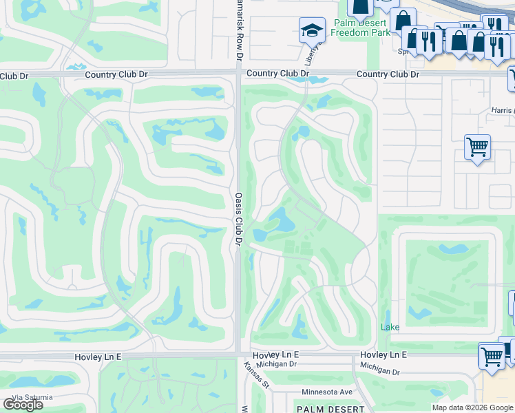 map of restaurants, bars, coffee shops, grocery stores, and more near 40953 Inverness Way in Palm Desert