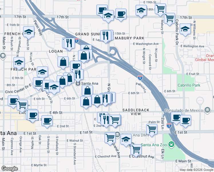 map of restaurants, bars, coffee shops, grocery stores, and more near 714 North Grand Avenue in Santa Ana
