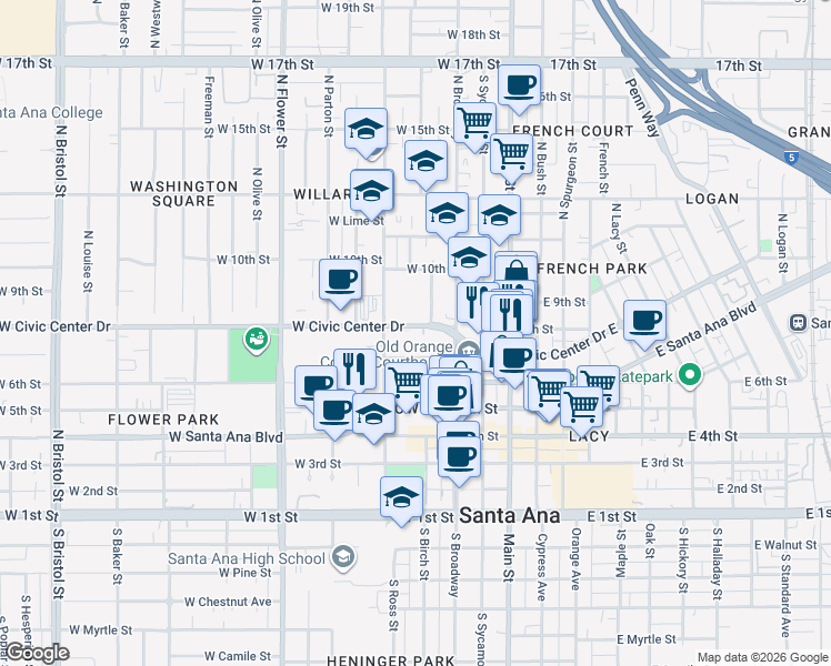 map of restaurants, bars, coffee shops, grocery stores, and more near 400 West Civic Center Drive in Santa Ana