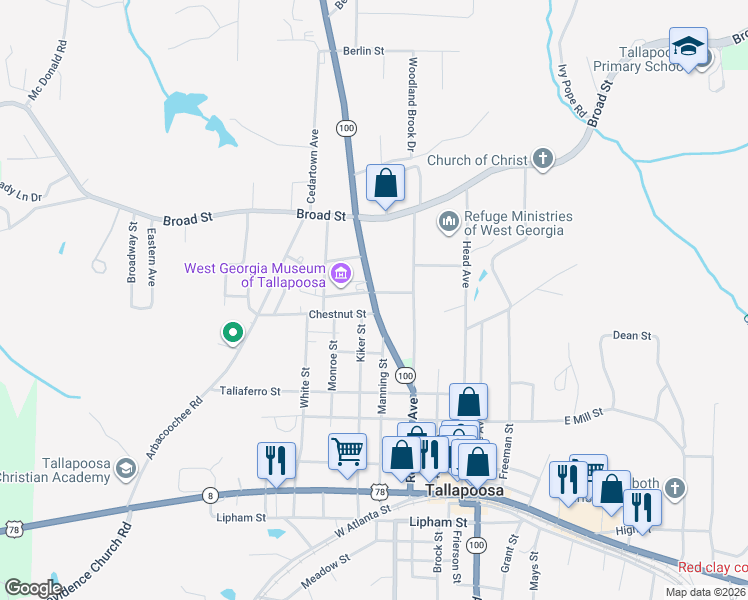 map of restaurants, bars, coffee shops, grocery stores, and more near 295 Bowdon Street in Tallapoosa