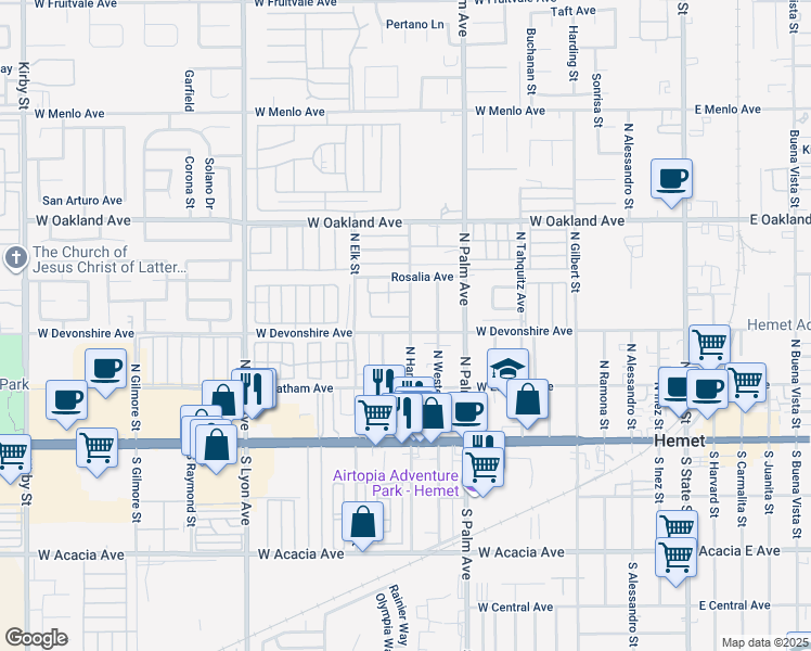 map of restaurants, bars, coffee shops, grocery stores, and more near 1112 West Devonshire Avenue in Hemet