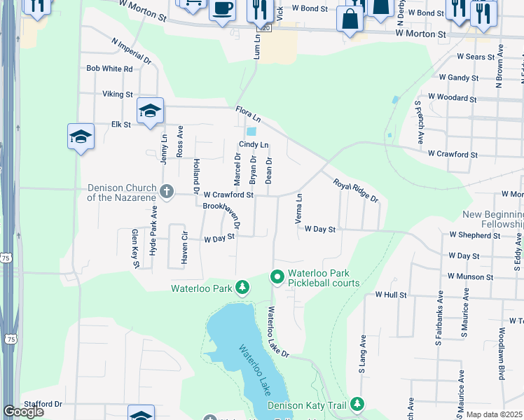 map of restaurants, bars, coffee shops, grocery stores, and more near 604 Edwards Dr in Denison