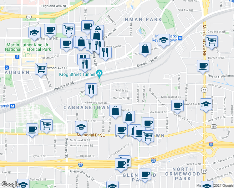 map of restaurants, bars, coffee shops, grocery stores, and more near Marcus Street Southeast in Atlanta
