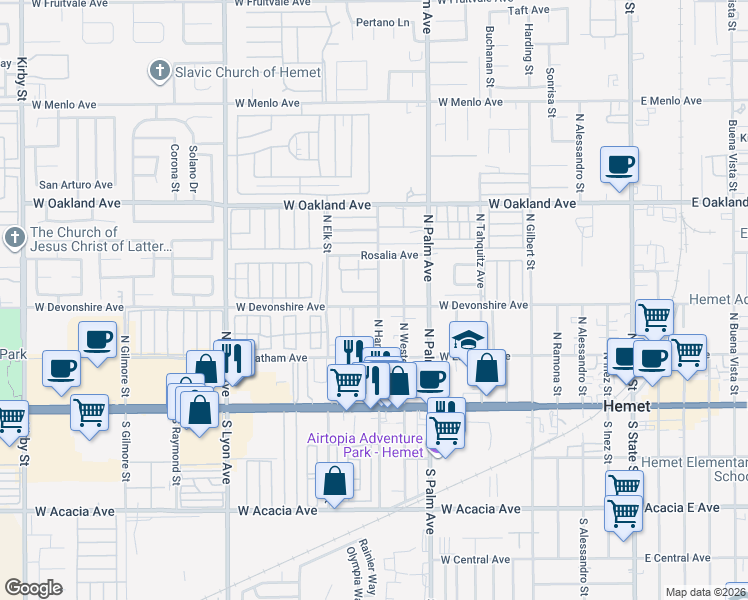 map of restaurants, bars, coffee shops, grocery stores, and more near 1112 West Devonshire Avenue in Hemet
