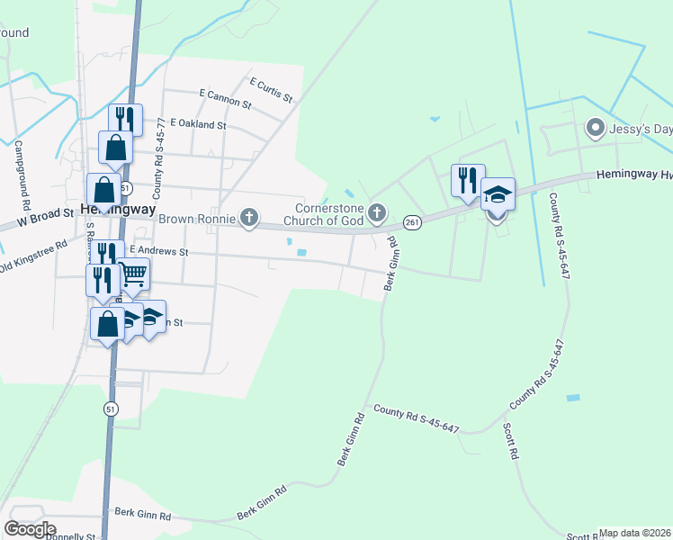 map of restaurants, bars, coffee shops, grocery stores, and more near 429 East Andrews Street in Hemingway