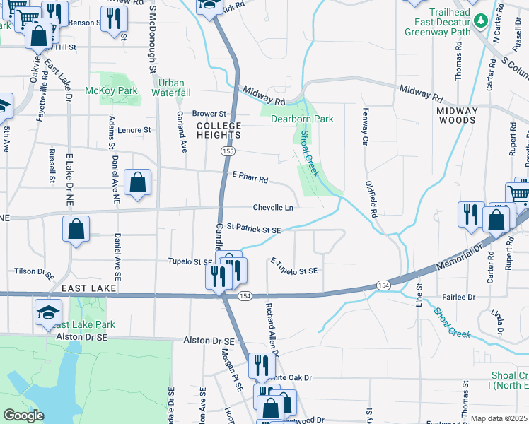 map of restaurants, bars, coffee shops, grocery stores, and more near 439 Chevelle Lane in Decatur