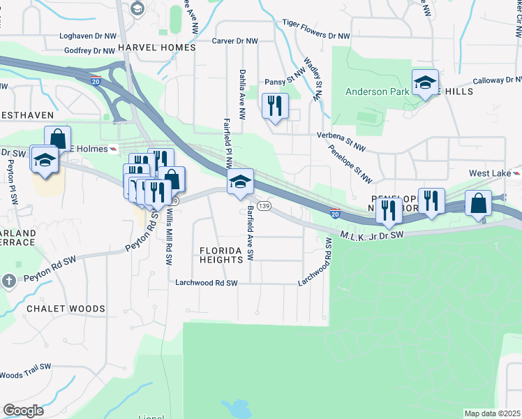 map of restaurants, bars, coffee shops, grocery stores, and more near 2166 Martin Luther King Junior Drive Southwest in Atlanta
