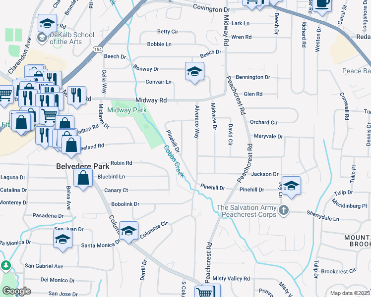 map of restaurants, bars, coffee shops, grocery stores, and more near 1422 Sandy Lane in Decatur