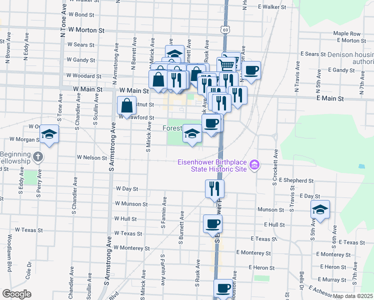 map of restaurants, bars, coffee shops, grocery stores, and more near 330 West Morgan Street in Denison