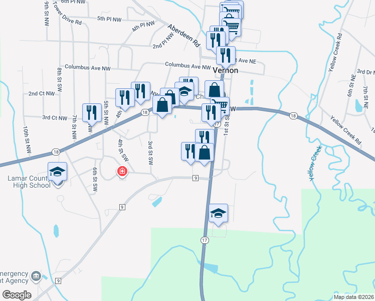 map of restaurants, bars, coffee shops, grocery stores, and more near 158-242 1st Street Southwest in Vernon