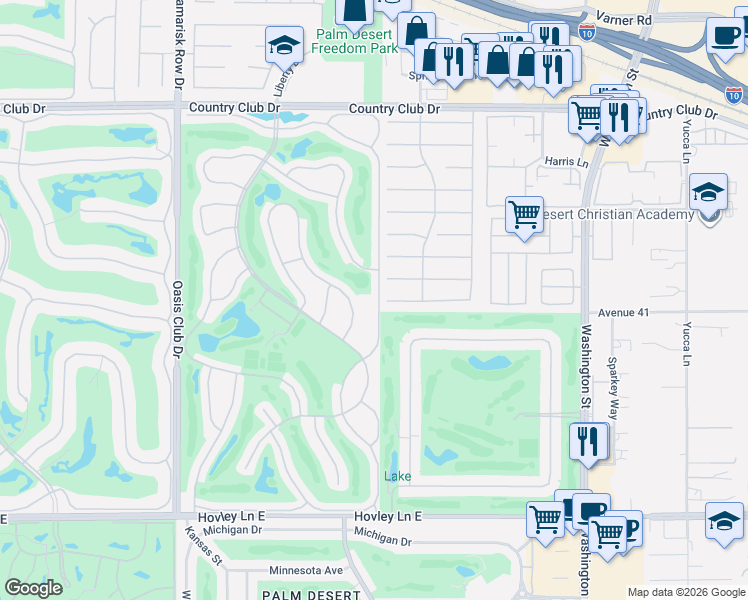 map of restaurants, bars, coffee shops, grocery stores, and more near 40981 Preston Trail in Palm Desert