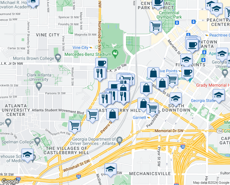 map of restaurants, bars, coffee shops, grocery stores, and more near 395 Nelson Street Southwest in Atlanta