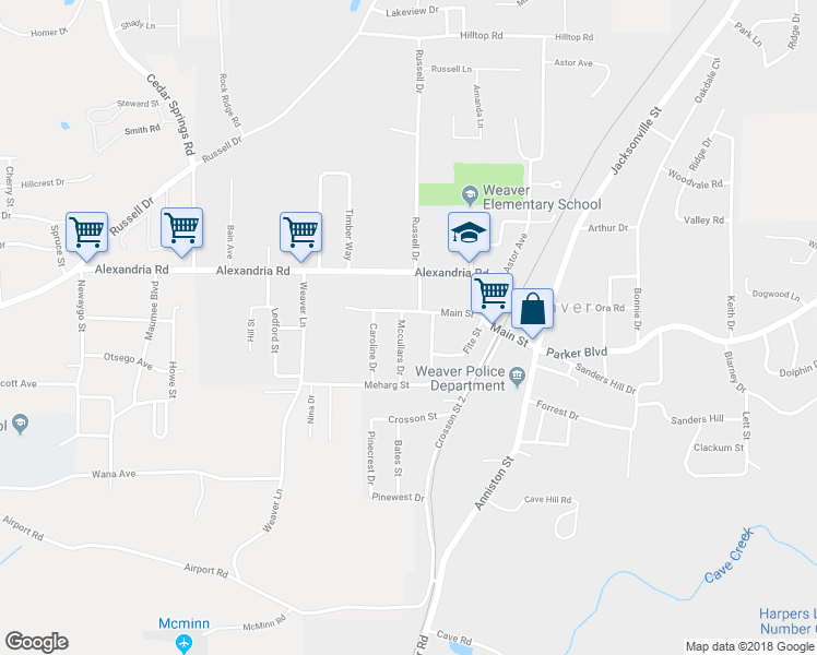 map of restaurants, bars, coffee shops, grocery stores, and more near 511 Mccullars Drive in Weaver