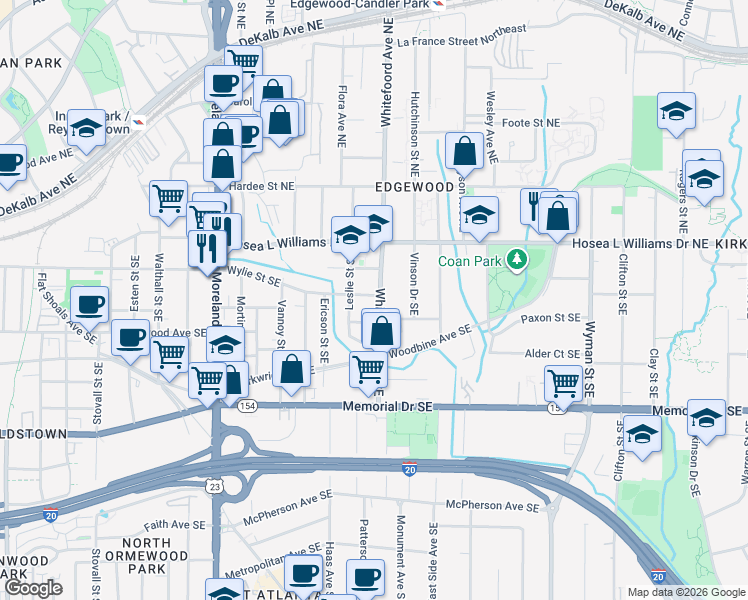 map of restaurants, bars, coffee shops, grocery stores, and more near 70 Whitefoord Avenue Southeast in Atlanta