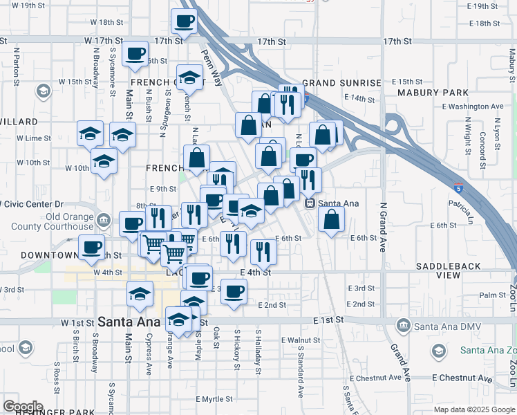 map of restaurants, bars, coffee shops, grocery stores, and more near 812 East Santa Ana Boulevard in Santa Ana