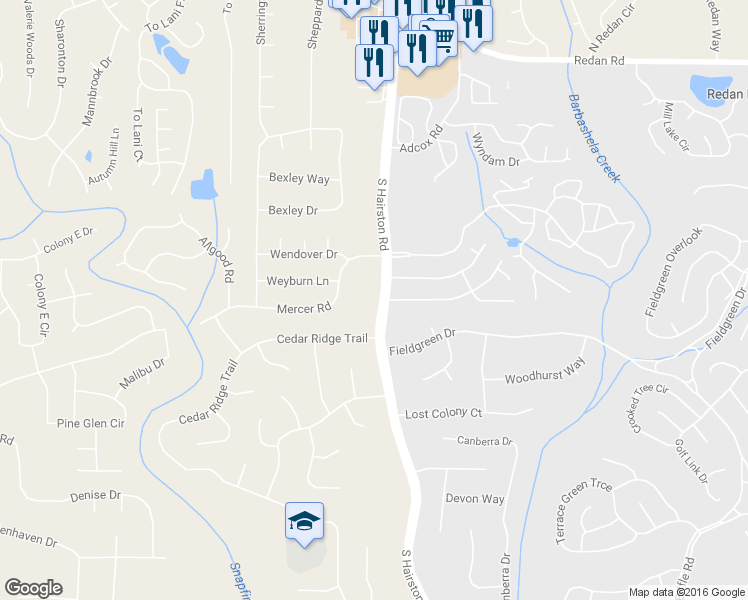 map of restaurants, bars, coffee shops, grocery stores, and more near 1475 South Hairston Road in Stone Mountain