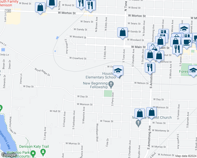 map of restaurants, bars, coffee shops, grocery stores, and more near 1319 West Nelson Street in Denison