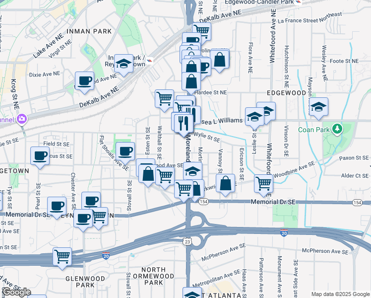 map of restaurants, bars, coffee shops, grocery stores, and more near 77 Moreland Avenue Southeast in Atlanta