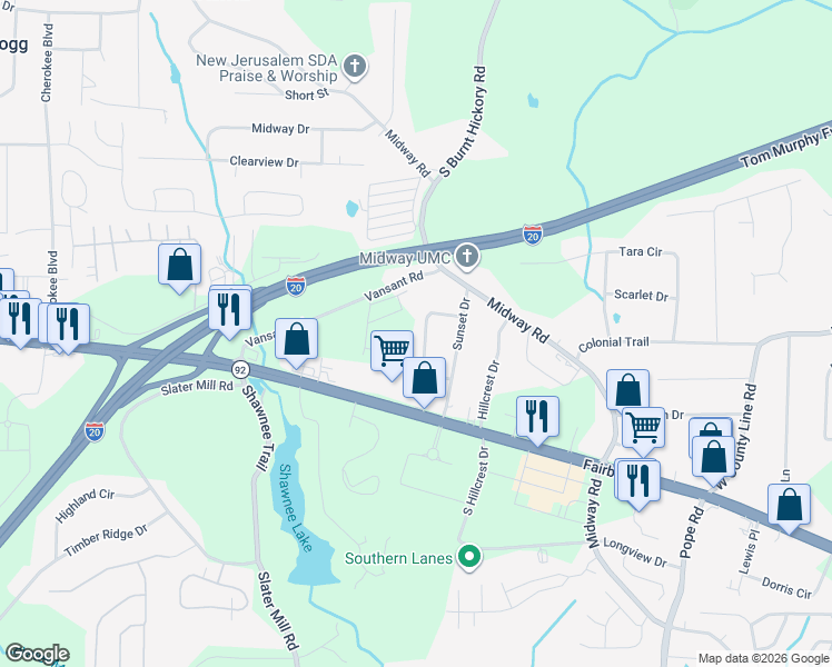 map of restaurants, bars, coffee shops, grocery stores, and more near 1989 Skyview Circle in Douglasville
