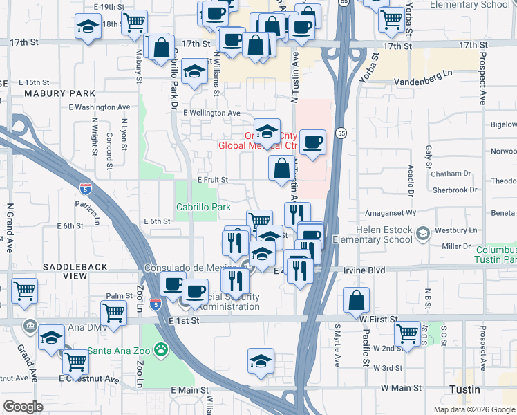 map of restaurants, bars, coffee shops, grocery stores, and more near 704 North Parkcenter Drive in Santa Ana
