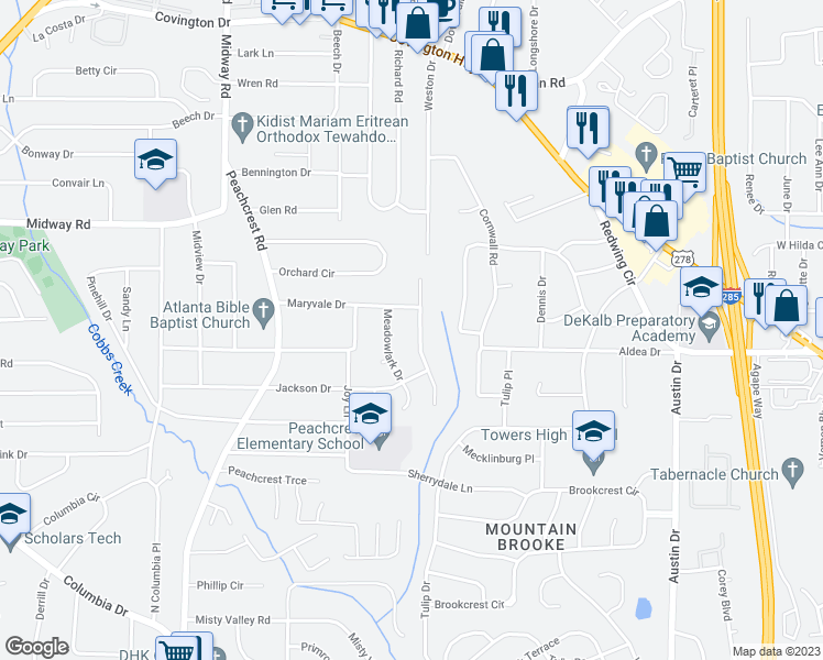 map of restaurants, bars, coffee shops, grocery stores, and more near 1425 Cobb Branch Drive in Decatur