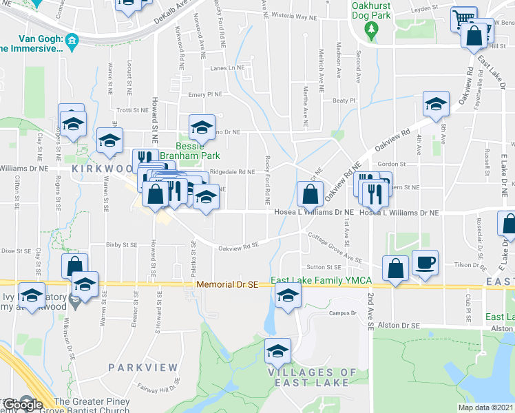 map of restaurants, bars, coffee shops, grocery stores, and more near 2166 Hosea L Williams Drive Northeast in Atlanta