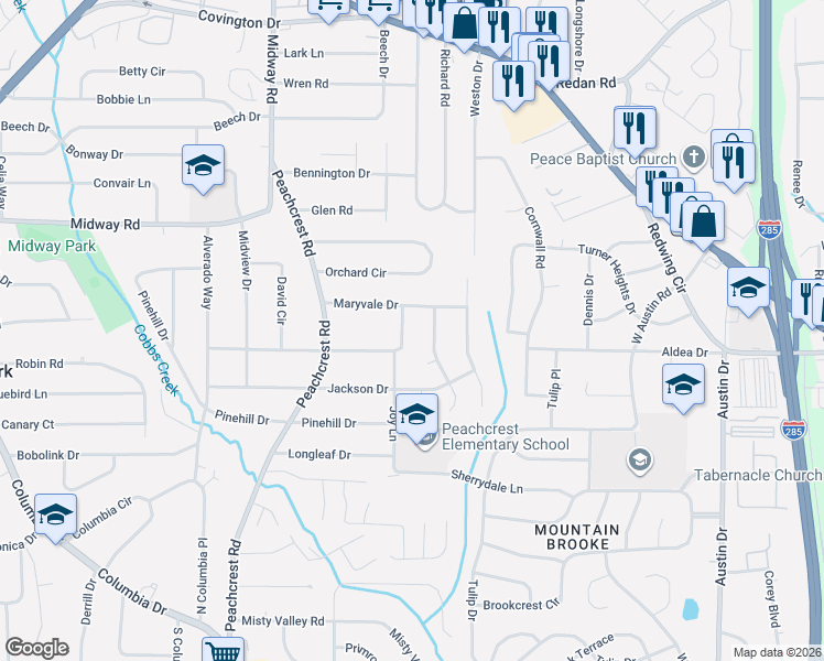 map of restaurants, bars, coffee shops, grocery stores, and more near 1420 Joy Lane in Decatur