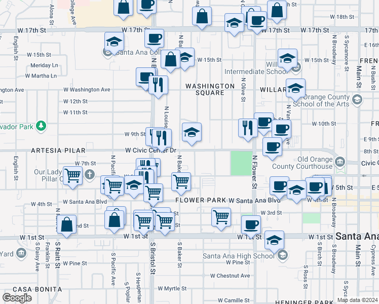 map of restaurants, bars, coffee shops, grocery stores, and more near 1148 West Civic Center Drive in Santa Ana