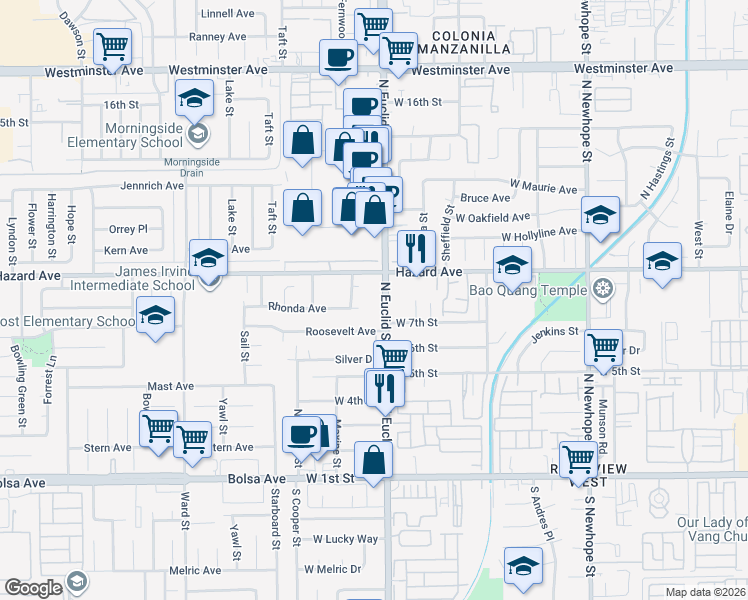 map of restaurants, bars, coffee shops, grocery stores, and more near 728 North Euclid Street in Santa Ana