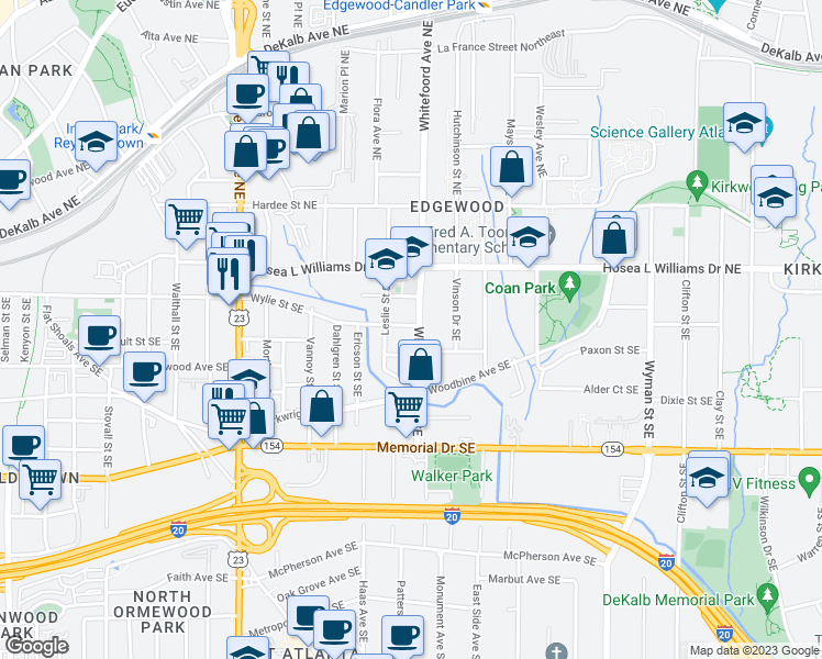 map of restaurants, bars, coffee shops, grocery stores, and more near 73 Whitefoord Avenue Southeast in Atlanta