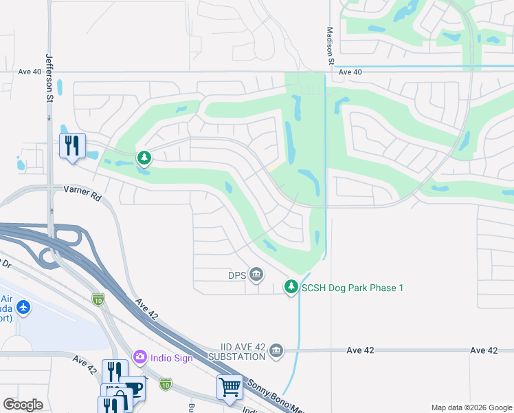 map of restaurants, bars, coffee shops, grocery stores, and more near 80757 Camino San Lucas in Indio