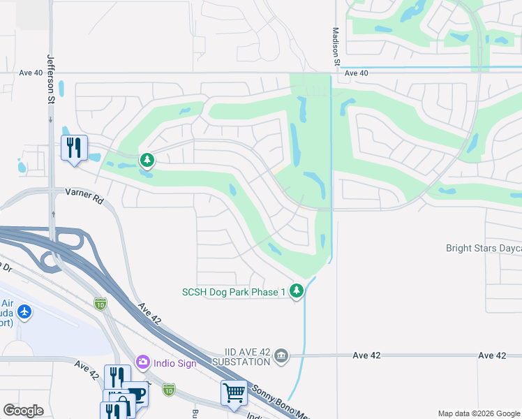 map of restaurants, bars, coffee shops, grocery stores, and more near 80757 Camino San Lucas in Indio