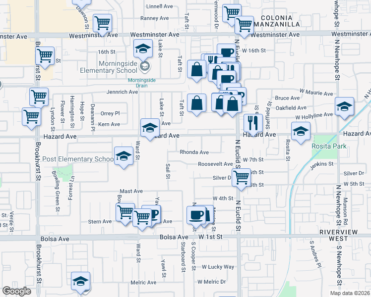map of restaurants, bars, coffee shops, grocery stores, and more near 10731 Rhonda Avenue in Garden Grove