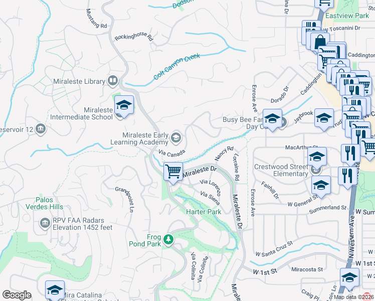 map of restaurants, bars, coffee shops, grocery stores, and more near 3821 El Tesoro Place in Rancho Palos Verdes