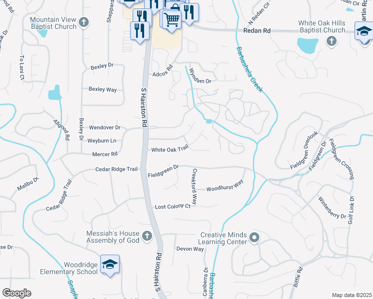 map of restaurants, bars, coffee shops, grocery stores, and more near 4801 White Oak Trail in Stone Mountain