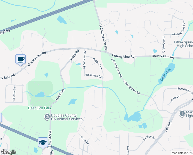 map of restaurants, bars, coffee shops, grocery stores, and more near 2061 Oakcreek Drive in Lithia Springs