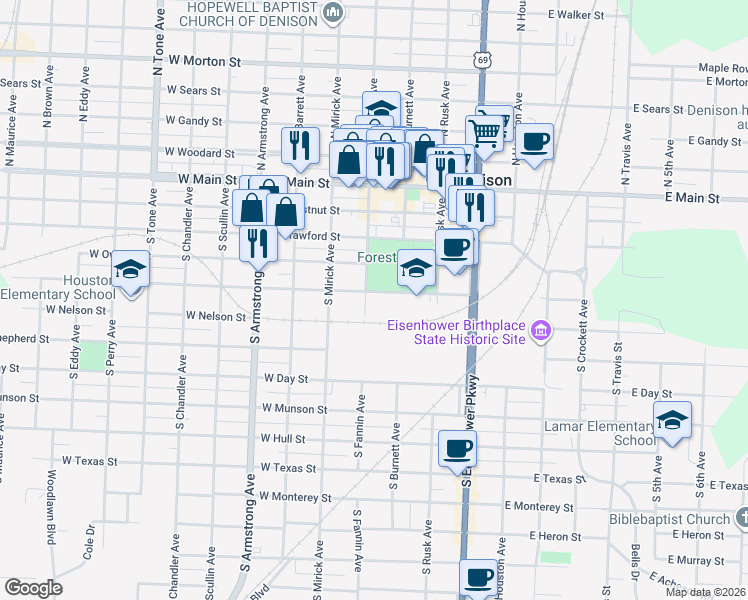 map of restaurants, bars, coffee shops, grocery stores, and more near 430 West Morgan Street in Denison