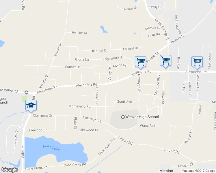 map of restaurants, bars, coffee shops, grocery stores, and more near 1200 Alexandria Road in Weaver