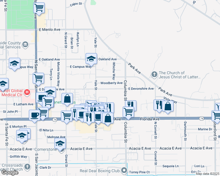 map of restaurants, bars, coffee shops, grocery stores, and more near 2330 East Devonshire Avenue in Hemet